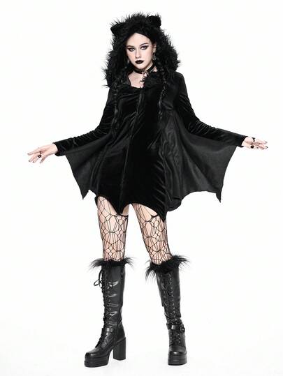Goth Vestido de terciopelo ajustado con dobladillo con orejas de murciélago estilo gótico para Halloween