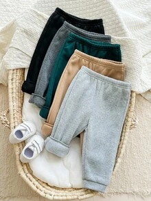 SHEIN 5 件套男婴纯色针织松紧腰裤，百搭慢跑运动裤多件装，秋冬