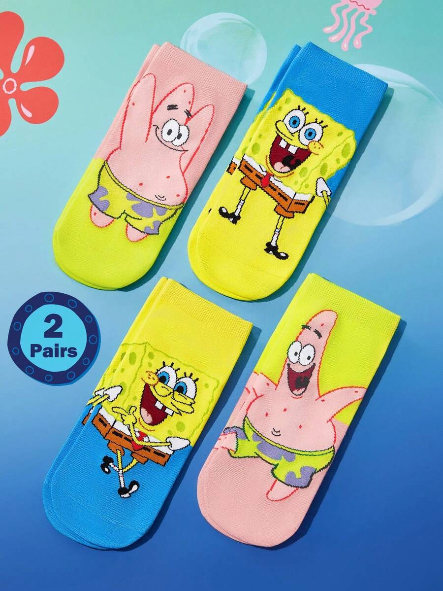SpongeBob SquarePants | SHEIN 2 Pairs Soft & Breathable Moisture-Wicking Casual Men Ankle Socks With & Fashionable And Cute Pink & Blue Short Socks Reinforced Toe & Heel For Durabiliy Unisex For Women All Season All-Match Summer Winter - Multicolor - View 1