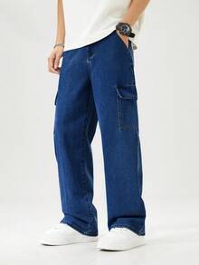 SHEIN Explorewe 青少年男孩户外休闲工装牛仔裤 - 深色水洗藍 - 查看 4