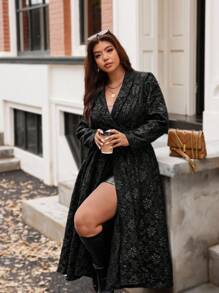 Flirla Plus Size Jacquard Elegant Long A-Line Waist Cinched Autumn/Winter Jacket Winter Autumn Fall - Black - View 6