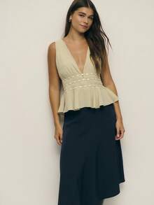 Nöista Sage Green Summer Elegant Vacation Holiday Women's V-Neck Ruched Waist Top With Covered Buttons,Flowy Peplum Hem Textured Boho Luxury Party Wedding - Apricot - View 3