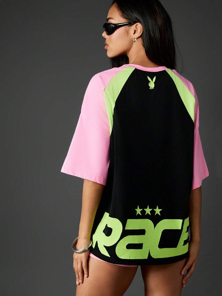 Missguided x Playboy Colorblock Oversized T-Shirt With Graphic Print Short Sleeves Spring Summer Casual Top