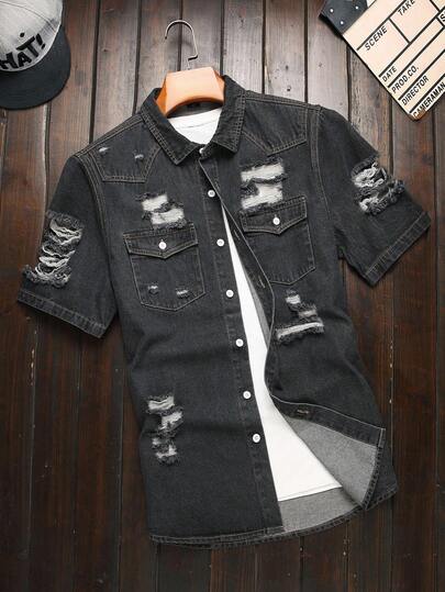 Manfinity Homme Men's Casual Distressed Pocket Flap Gray Denim Short Sleeve Shirt, Street Style Ripped Denim Shirt Men Boyfriend & Husband Comfortable Pocket Black For Rave