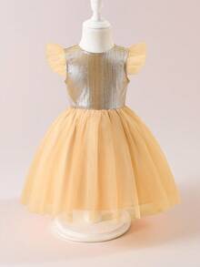 Glamorique Kids Baby Girl Elegant Party Dress With Silver Foil Mesh Cap Sleeves, Autumn/Winter,Christmas Dress Fall - Champagne - View 1