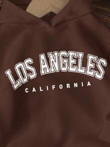 Young Boy Casual Comfortable Los Angeles Graphic Print Thick Knit Long Sleeve Sweatshirt, Suitable For Autumn/Winter Fall - Coffee Brown - View 3