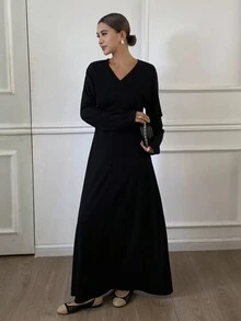 DAZY Vestido elegante de manga larga con cuello en V ajustado y cintura ceñida de unicolor para mujeres, otoño/invierno - Negro - Ver 6