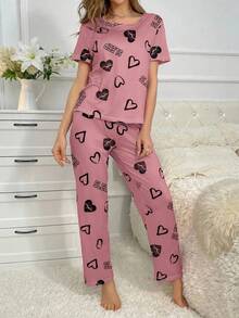 女士心形印花圆领短袖上衣和长裤睡衣套装女士睡衣套装心形睡衣套装舒适睡衣套装2件套睡衣套装可爱睡衣套装 - 彩色 - 查看 5