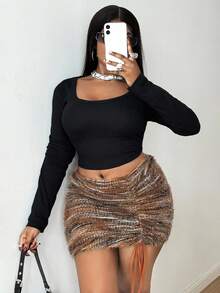 Maweii Plus Size Women Sexy Faux Fur Knitted Fabric Bodycon Drawstring Asymmetrical Hem Skirt, Stylish Design For Party, Gathering, Outing