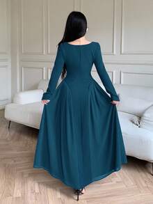 Feyla 女式优雅A字腰收腰长袖纯色连衣裙 - 水鴨藍 - 查看 7