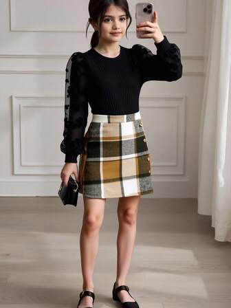 女大童網紗拼接泡泡袖T恤&格紋印花不對稱下擺半身裙