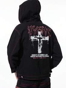 ROMWE MEN Grunge Punk Men's Dark Casual Style Front Button Long Sleeve Cross Denim Jacket Halloween - Black - View 5