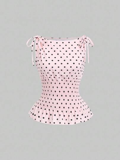 Sweetra Blusa sin mangas de estilo francés elegante con lunares, lazo en el hombro y cordón en la cintura, para uso casual y versátil en primavera/verano