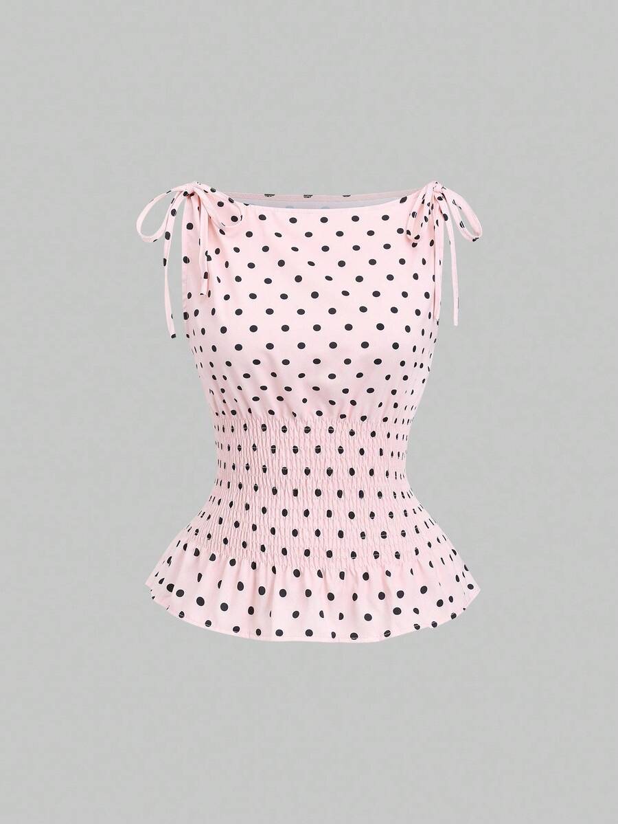 Sweetra Áo không tay chấm bi thắt nơ eo phong cách Pháp thanh lịch dành cho nữ, dáng ôm, thường ngày, đa năng, mặc hàng ngày và đi làm, mùa xuân/hè - Hồng - Xem 1