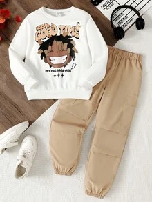 青少年男孩运动衫套装，新款秋冬脸部图案印花圆领运动衫搭配米色抽绳工装裤，休闲可爱的返校装 - 杏色 - 查看 1