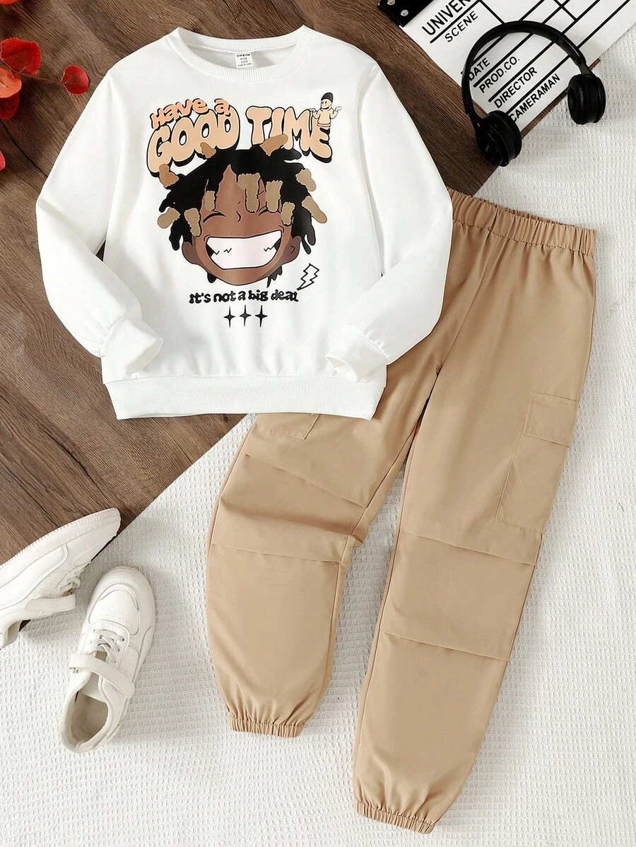 青少年男孩运动衫套装，新款秋冬脸部图案印花圆领运动衫搭配米色抽绳工装裤，休闲可爱的返校装 - 杏色 - 查看 1