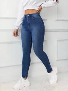 SHEIN ICON 女士休闲高腰紧身牛仔裤，适合通勤和日常穿着 - 深色水洗藍 - 查看 4