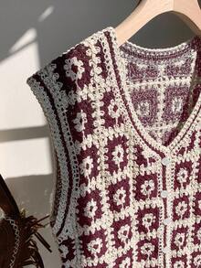 Comfortcana 女式度假风全印花V领纽扣前无袖针织开衫背心（秋冬款） - 酒紅色 - 查看 4