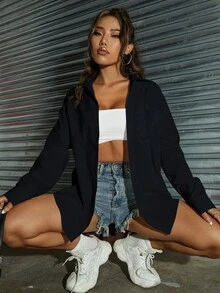 SHEIN Unity Áo cánh cỡ lớn màu neon sáng, áo cánh dài tay thường ngày cho nữ - Màu xanh hải quân - Xem 6