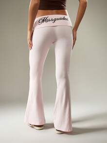 MISSGUIDED Fold Over Waist Bell Bottom Flared Leggings Performance Retro Y2K Fashion Statement Fall Winter Leisure Wear - Pink - View 1