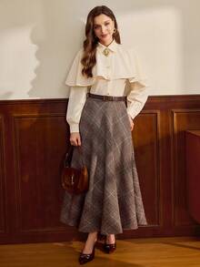 Vintamour 女士复古优雅胸针披肩翻领长袖纽扣休闲度假衬衫，秋冬圣诞节优雅衬衫 - 米色 - 查看 7