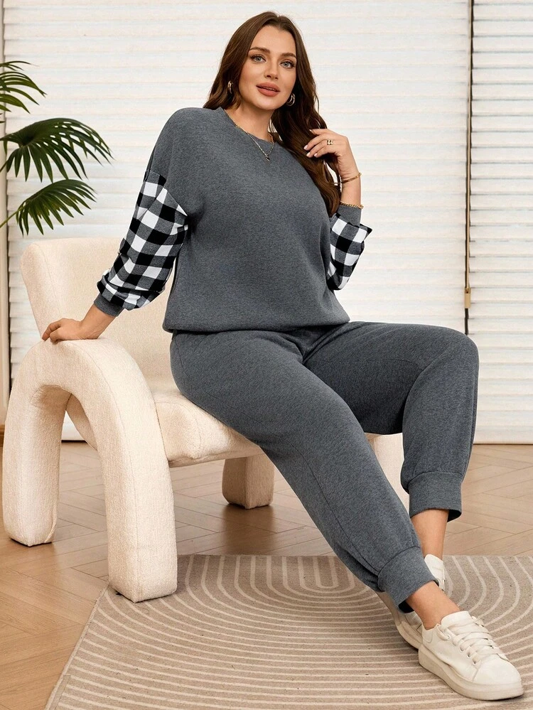 2pcs Plus Size Contrast Color Plaid Round Neck Drop Shoulder Casual Fleece Sweatshirt And Sweatpants Set Two Piece Set Women Comfy  2 Piece Lounge Sets Woman Fall Clothes For Women  Winter Clothes Jogging Suit Sportswear Women's Sport Set  Jogging Set Women's Sport Set