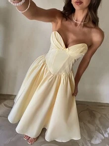 Aloruh 女式无肩带紧身胸衣式束腰连衣裙，蝴蝶结下摆，春夏 - 黃色 - 查看 1