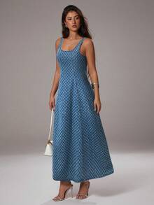 Avantive Trang phục Hawaii cho nữ, váy dã ngoại, trang phục câu lạc bộ, váy tiệc trà, trang phục tốt nghiệp, váy dự tiệc cho nữ, trang phục công sở cho nữ, váy cho phụ nữ phương Tây, váy denim jacquard dài thanh lịch dành cho quý cô - Rửa nhẹ - Xem 5