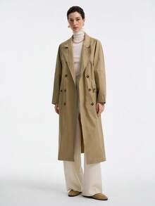 Aalyst Women's French Elegant Minimalist High-End Casual Vacation Commute Comfortable Solid Twill Fabric Stand Collar Double-Breasted Drop Shoulder With Pockets Side Slit Long Sleeve Utility Long Jacket, Spring/Autumn/Winter