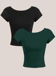 SHEIN EZwear 2 件套女士露背圆领短袖紧身短款上衣 T 恤，适合夏季 - 彩色 - 查看 2