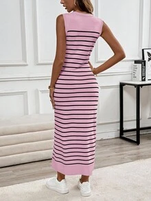 EMERY ROSE 女士休闲舒适条纹无袖连衣裙 - 粉色 - 查看 2