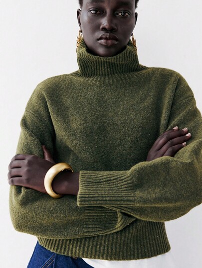 Lumivelle Women's Solid Color Green High Neck Drop Shoulder Long Sleeve Casual Sweater, Autumn