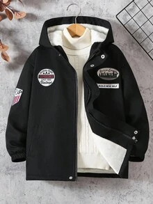1pc Boys' Collegiate Style Chest Patch Black Jacket, Suitable For Autumn/Winter Outdoor Wear Fall