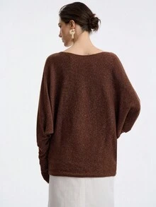 Aalyst Autumn/Winter Slouchy Elegant Minimalist Brown Metallic Thread Batwing Sleeve Sweater Fall Cloth For Women - Brown - View 2