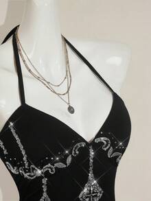 SHEIN ICON Women's Sequin Embroidered Backless Crop Top, Y2K Retro Sexy Chic Cute Blouse Gothic Top Rhinestone Corset Top,Tank Top,Black Top - Black - View 7