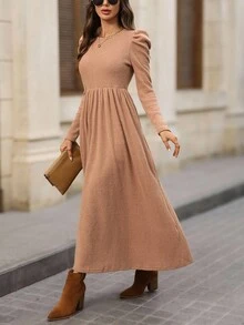 EMERY ROSE 秋季纯色休闲长袖收腰女式长裙 - 卡其色 - 查看 3