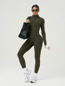 Powerista Solid Color Zipper Stand Collar Tight Fit Long Sleeve Jumpsuit - Army Green - View 5