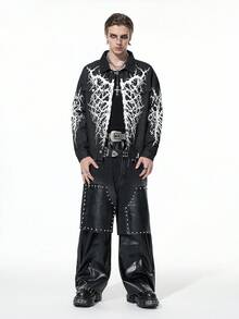ROMWE MEN Goth 男士短款牛仔夹克，复古街头风格 - 黑色 - 查看 5