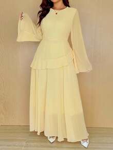 Vionelle Plus Size Women Elegant Romantic Solid Color Dress Fall Cloth For Women Chiffon Dresses For Women Modest Dress Lemon Dress Women Light Yellow Dress Women Pastel Yellow Dress - Yellow - View 5