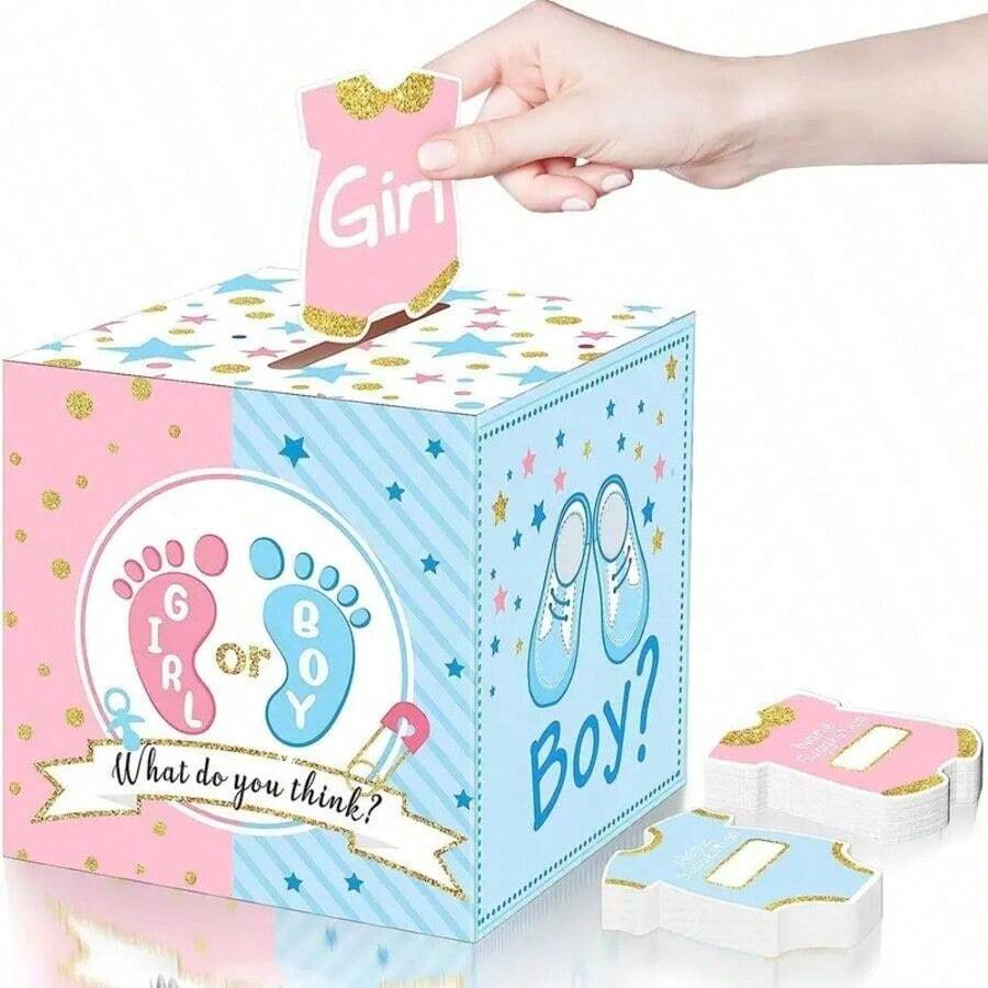 51pcs, Gender Reveal Ballot Box With 50 Ballot Cards BabyShower Decorations Party Invitations And Voting Game Gender Reveal Party Supplies (Pink, Blue) - Includes 1 Box And 50 Cards
