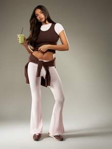 MISSGUIDED Fold Over Waist Bell Bottom Flared Leggings Performance Retro Y2K Fashion Statement Fall Winter Leisure Wear - Pink - View 3