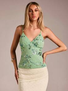 Avantive Áo hai dây thêu hoa đính hạt mùa hè mới, trang phục dự tiệc cho nữ - màu xanh lá - Xem 5