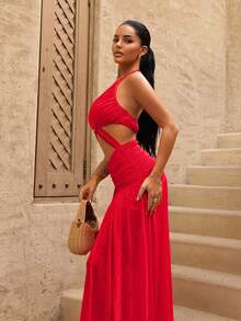 Sirith 女式纯色金属环连接镂空设计褶饰性感吊带连衣裙 - 紅色 - 查看 3