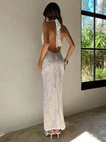 Aloruh Váy ren trắng hở lưng cổ khoét sâu dành cho nữ, thích hợp cho tiệc tùng, trà chiều, hẹn hò, sinh nhật - trắng - Xem 3