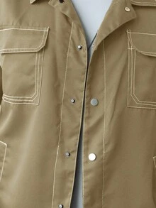 Manfinity Homme Men's Casual Fashion Contrast Stitch Flap Pocket Utility Jacket, Spring/Autumn - Khaki - View 4