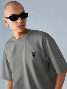 PLAYBOY X SUMWON Oversized Casual Summer Crop T Shirt Contemporary Short Sleeve Ribbed Neckline Bunny Logo Classic Streetwear Comfort Fashion Basic Wear - Grey - View 4