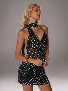 TRNVIE 1 pièce Ensemble top camisole à pois style vintage minimaliste et foulard à nouer au cou avec mini-jupe, convient pour le bureau, les déplacements, le style de rue, l'automne/hiver - Noir et Blanc - Voir 4