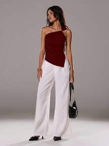 TRNVIE Áo cánh màu đen thanh lịch, cài nút trang trí vai lệch, viền bất đối xứng dành cho nữ, mùa xuân/hè - Màu Đỏ Sâu - Xem 4