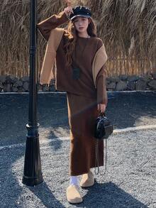 DAZY 女士休闲纯色针织毛衣和裙子两件套，秋冬