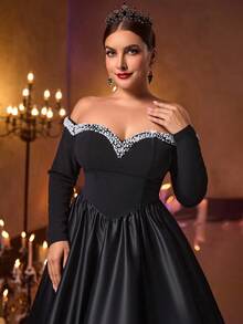 Glamrae Große Größen elegantes luxuriöses schwarzes elastisches Strick-Off-Shoulder Kleid mit Satinpatchwork, Perlenverzierung und Langarm, geeignet für Hochzeiten, Partys, Galas, Urlaub, formelle Anlässe (stark verziert)